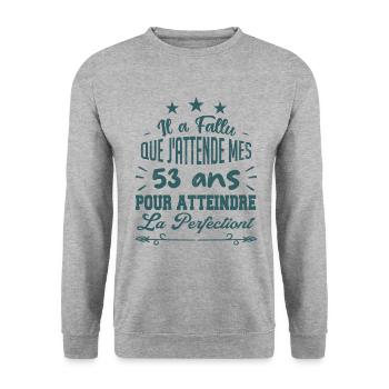 53 ans / perfection - Sweat-shirt Unisexe - gris chiné - Devant - Alina (178cm) & Michal (187cm)