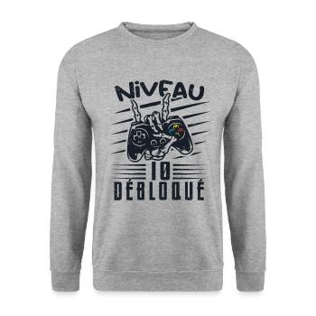 Niveau 10 Débloqué | cadeau de joueur - Sweat-shirt Unisexe - gris chiné - Devant - Alina (178cm) & Michal (187cm)
