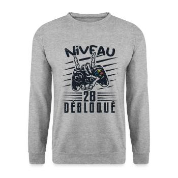 Niveau 28 Débloqué | cadeau de joueur - Sweat-shirt Unisexe - gris chiné - Devant - Alina (178cm) & Michal (187cm)