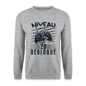 Niveau 20 Débloqué | cadeau de joueur - Sweat-shirt Unisexe - gris chiné - Devant - Alina (178cm) & Michal (187cm)