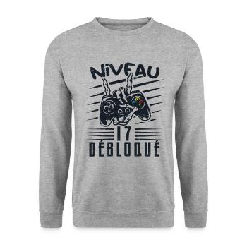 Niveau 17 Débloqué | cadeau de joueur - Sweat-shirt Unisexe - gris chiné - Devant - Alina (178cm) & Michal (187cm)