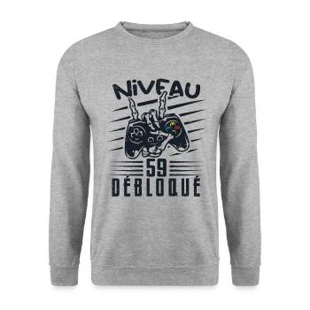 Niveau 59 Débloqué | cadeau de joueur - Sweat-shirt Unisexe - gris chiné - Devant - Alina (178cm) & Michal (187cm)