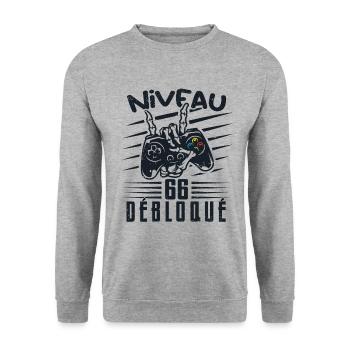 Niveau 66 Débloqué | cadeau de joueur - Sweat-shirt Unisexe - gris chiné - Devant - Alina (178cm) & Michal (187cm)