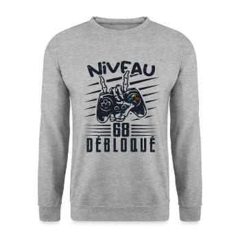 Niveau 68 Débloqué | cadeau de joueur - Sweat-shirt Unisexe - gris chiné - Devant - Alina (178cm) & Michal (187cm)