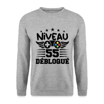 Niveau 55 débloqué - idée cadeau anniversaire - Sweat-shirt Unisexe - gris chiné - Devant - Alina (178cm) & Michal (187cm)