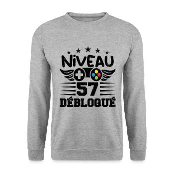 Niveau 57 débloqué - idée cadeau anniversaire - Sweat-shirt Unisexe - gris chiné - Devant - Alina (178cm) & Michal (187cm)