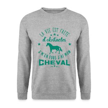 La Vie Est Faite D'obstacles | Équitation Cheval - Sweat-shirt Unisexe - gris chiné - Devant - Alina (178cm) & Michal (187cm)