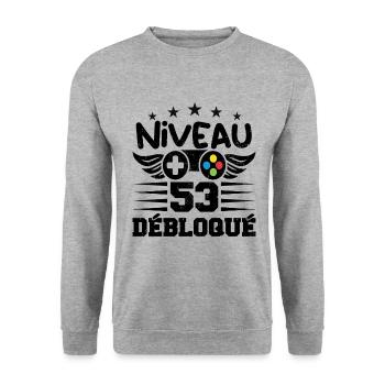 Niveau 53 débloqué - idée cadeau anniversaire - Sweat-shirt Unisexe - gris chiné - Devant - Alina (178cm) & Michal (187cm)