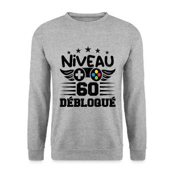 Niveau 60 débloqué - idée cadeau anniversaire - Sweat-shirt Unisexe - gris chiné - Devant - Alina (178cm) & Michal (187cm)