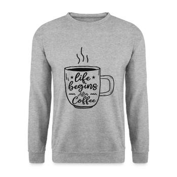 life begins after coffee - Sweat-shirt Unisexe - gris chiné - Devant - Alina (178cm) & Michal (187cm)