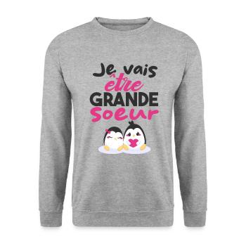 Future Grande Sœur | Annonce Grande Soeur Cadeau - Sweat-shirt Unisexe - gris chiné - Devant - Alina (178cm) & Michal (187cm)