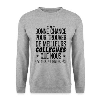 Collègues Cadeau Départ Retraite Humour Collègue - Sweat-shirt Unisexe - gris chiné - Devant - Alina (178cm) & Michal (187cm)