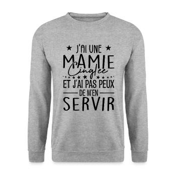 J'ai Une Mamie Cinglée et Je Peux M'en Servir - Sweat-shirt Unisexe - gris chiné - Devant - Alina (178cm) & Michal (187cm)
