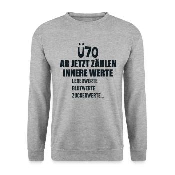 Ü70 Geburtstag über 70 Jahre Funshirt Birthday - Sweat-shirt Unisexe - gris chiné - Devant - Alina (178cm) & Michal (187cm)