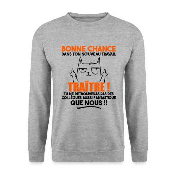 Départ Collègue Collègues Cadeau Traître Chat - Sweat-shirt Unisexe - gris chiné - Devant - Alina (178cm) & Michal (187cm)