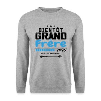 Bientôt Grand Frère 2026 - Futur grand-frère - Sweat-shirt Unisexe - gris chiné - Devant - Alina (178cm) & Michal (187cm)