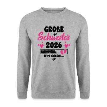 Kinder Ich werde Große Schwester 2026 Verkündung - Unisex Pullover - Weißgrau meliert - Vorne - Alina (178cm) & Michal (187cm)