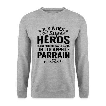 Parrain Super Héros Cadeau Humour Parrain - Sweat-shirt Unisexe - gris chiné - Devant - Alina (178cm) & Michal (187cm)