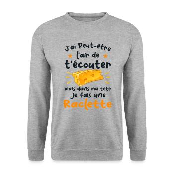 Dans Ma Tete Raclette Humour Raclette - Sweat-shirt Unisexe - gris chiné - Devant - Alina (178cm) & Michal (187cm)