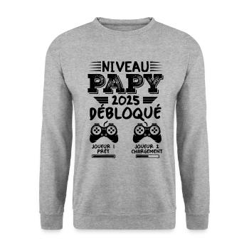 Niveau Papy Débloqué Futur Grand Père 2025 Cadeau - Sweat-shirt Unisexe - gris chiné - Devant - Alina (178cm) & Michal (187cm)