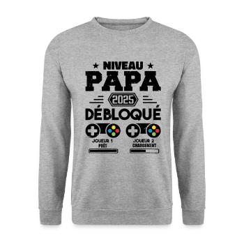 Niveau Papa Débloqué Futur Père 2025 Papa Cadeau - Sweat-shirt Unisexe - gris chiné - Devant - Alina (178cm) & Michal (187cm)