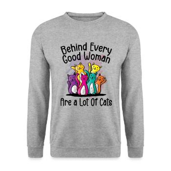 Hinter jeder guten Frau stehen viele Katzen - Unisex Pullover - Weißgrau meliert - Vorne - Alina (178cm) & Michal (187cm)