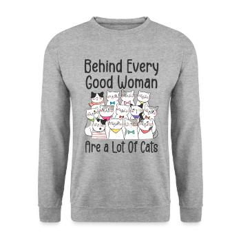 Hinter jeder guten Frau stehen viele Katzen - Unisex Pullover - Weißgrau meliert - Vorne - Alina (178cm) & Michal (187cm)