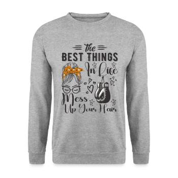 Die besten Dinge im Leben bringen Ihre Haare durcheinander Boxen - Unisex Pullover - Weißgrau meliert - Vorne - Alina (178cm) & Michal (187cm)
