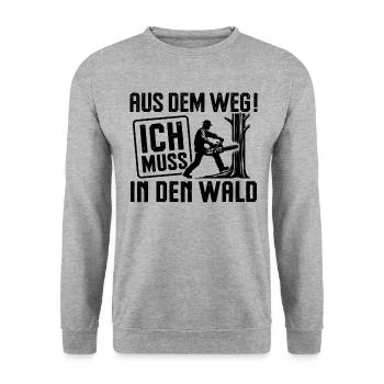 Aus dem Weg ich muss in den Wald Holzfäller Spruch - Unisex Pullover - Weißgrau meliert - Vorne - Alina (178cm) & Michal (187cm)