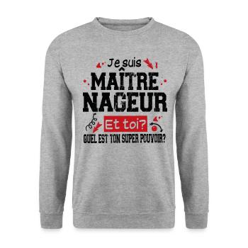 Maître-Nageur Cadeau Piscine T-shirt Super Pouvoir - Sweat-shirt Unisexe - gris chiné - Devant - Alina (178cm) & Michal (187cm)