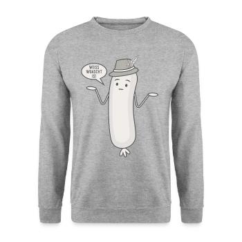 Lustige Weißwurst Spruch Wurst - Weiss wuascht is - Unisex Pullover - Weißgrau meliert - Vorne - Alina (178cm) & Michal (187cm)