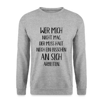 Wer mich nicht mag der muss noch an sich arbeiten - Unisex Pullover - Weißgrau meliert - Vorne - Alina (178cm) & Michal (187cm)