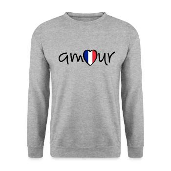 Liebe zu Frankreich mit Flagge. Amour oder l' amour - Unisex Pullover - Weißgrau meliert - Vorne - Alina (178cm) & Michal (187cm)