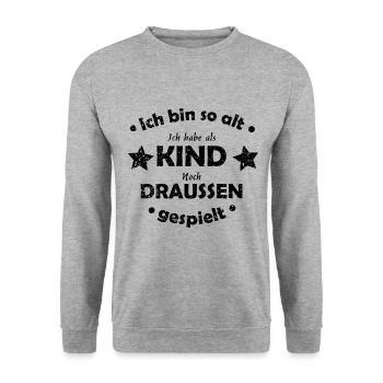 Lustiger Spruch Ich habe als Kind draußen gespielt - Unisex Pullover - Weißgrau meliert - Vorne - Alina (178cm) & Michal (187cm)