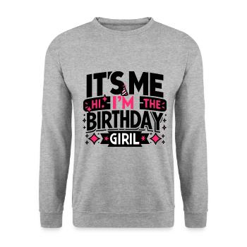 Hallo, ich bin das Geburtstagskind Spaß Party Feier - Unisex Pullover - Weißgrau meliert - Vorne - Alina (178cm) & Michal (187cm)