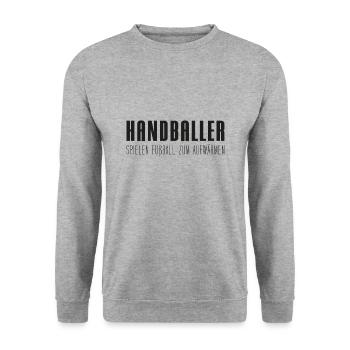 Handballer spielen Fußball zum Aufwärmen - Unisex Pullover - Weißgrau meliert - Vorne - Alina (178cm) & Michal (187cm)