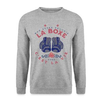 "Mon pouvoir? La Boxe, ma vraie passion!" - Sweat-shirt Unisexe - gris chiné - Devant - Alina (178cm) & Michal (187cm)