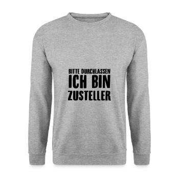 Zusteller Spruch | Postbote Briefträger Geschenke - Unisex Pullover - Weißgrau meliert - Vorne - Alina (178cm) & Michal (187cm)