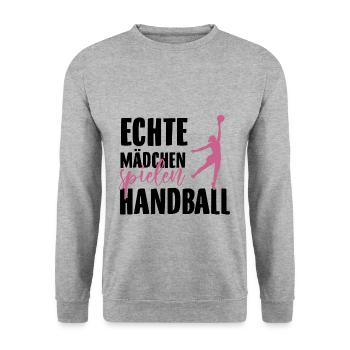 Handball Mädchen Frauen Handballer Geschenkideen - Unisex Pullover - Weißgrau meliert - Vorne - Alina (178cm) & Michal (187cm)