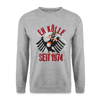In Köln seit 1974. En Kölle jebore. Kölner Wappen - Unisex Pullover - Weißgrau meliert - Vorne - Alina (178cm) & Michal (187cm)