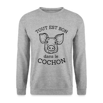 T-shirt tout est bon dans le cochon cadeau - Sweat-shirt Unisexe - gris chiné - Devant - Alina (178cm) & Michal (187cm)