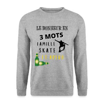 Bonheur ne 3 mots famille skate apéro - Sweat-shirt Unisexe - gris chiné - Devant - Alina (178cm) & Michal (187cm)