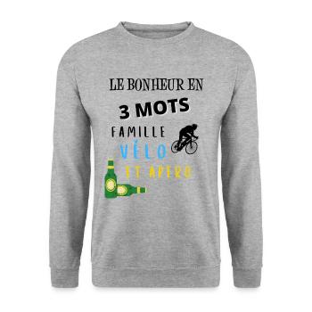 Bonheur en 3 mots famille vélo apéro cadeau - Sweat-shirt Unisexe - gris chiné - Devant - Alina (178cm) & Michal (187cm)