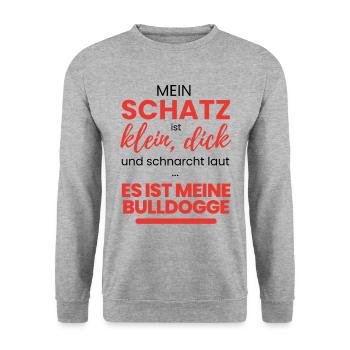 MEIN SCHATZ ist meine Bulldogge Bulldog Bulldoggen - Unisex Pullover - Weißgrau meliert - Vorne - Alina (178cm) & Michal (187cm)