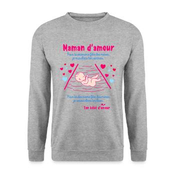 Carte de Bébé pour futur maman d’amour - Sweat-shirt Unisexe - gris chiné - Devant - Alina (178cm) & Michal (187cm)