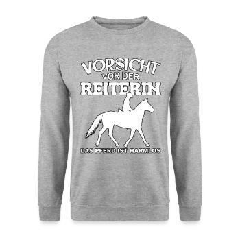 Vorsicht vor der Reiterin, das Pferd ist harmlos - Unisex Pullover - Weißgrau meliert - Vorne - Alina (178cm) & Michal (187cm)