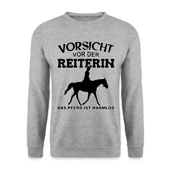 Vorsicht vor der Reiterin, das Pferd ist harmlos - Unisex Pullover - Weißgrau meliert - Vorne - Alina (178cm) & Michal (187cm)
