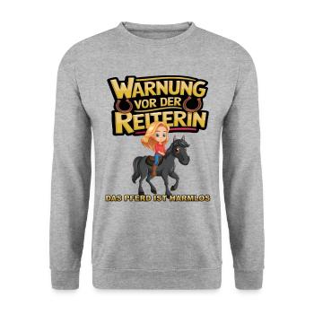 Vorsicht vor der Reiterin, das Pferd ist harmlos - Unisex Pullover - Weißgrau meliert - Vorne - Alina (178cm) & Michal (187cm)
