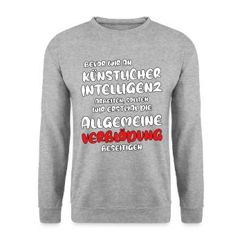 Bevor wir an KI arbeiten - Verblödung abschaffen - Unisex Pullover - Weißgrau meliert - Vorne - Alina (178cm) & Michal (187cm)