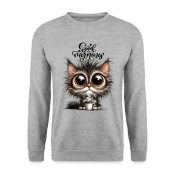 Katze Kaffee Koffein Kaffeebecher Morgenmuffel Süß - Unisex Pullover - Weißgrau meliert - Vorne - Alina (178cm) & Michal (187cm)